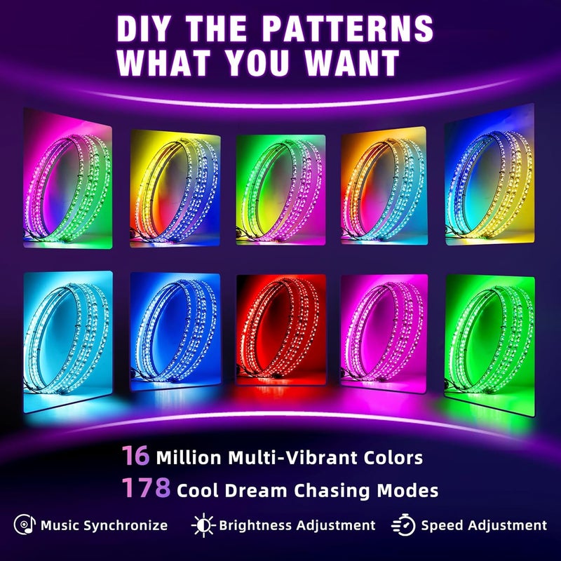 Tavaray 4PCS 14" RGB LED Wheel Ring Lights with APP & Remote Control, 178+DIY Dynamic Modes w/Turn Signal Braking and Reverse Function, IP67 Waterproof Wheel Lights for Trucks Pickups Cars Offroad - Image 2